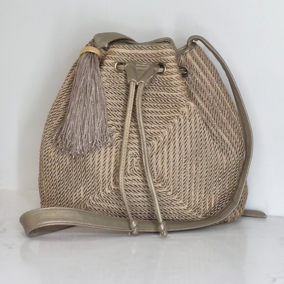 VNTG Sharif Rope Detailed Gold Leather Bucket Crossbody Bag Tasseled Medium - Picture 2 of 15